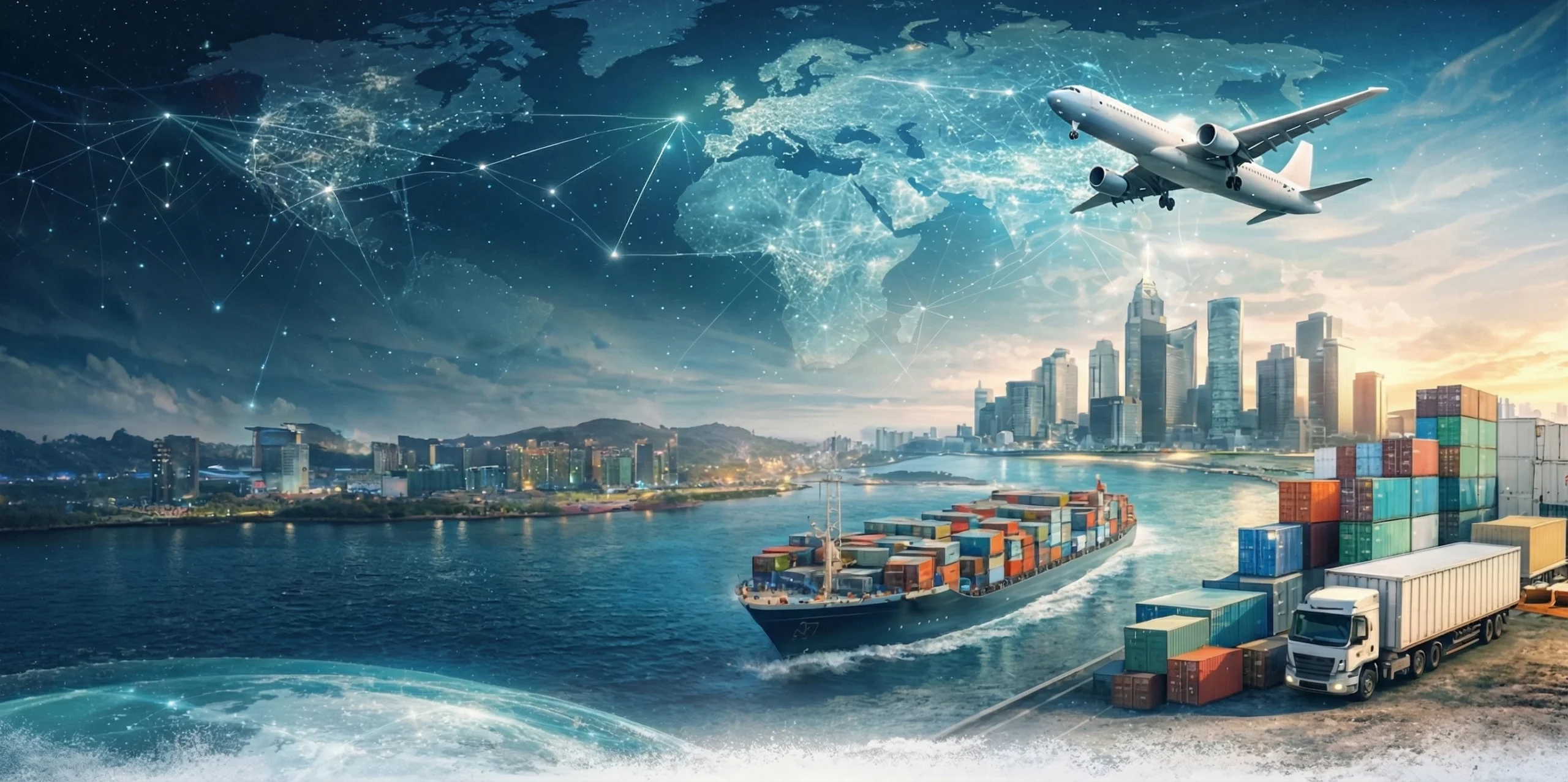 Global trade — cargo ships, aircraft, and worldwide logistics network